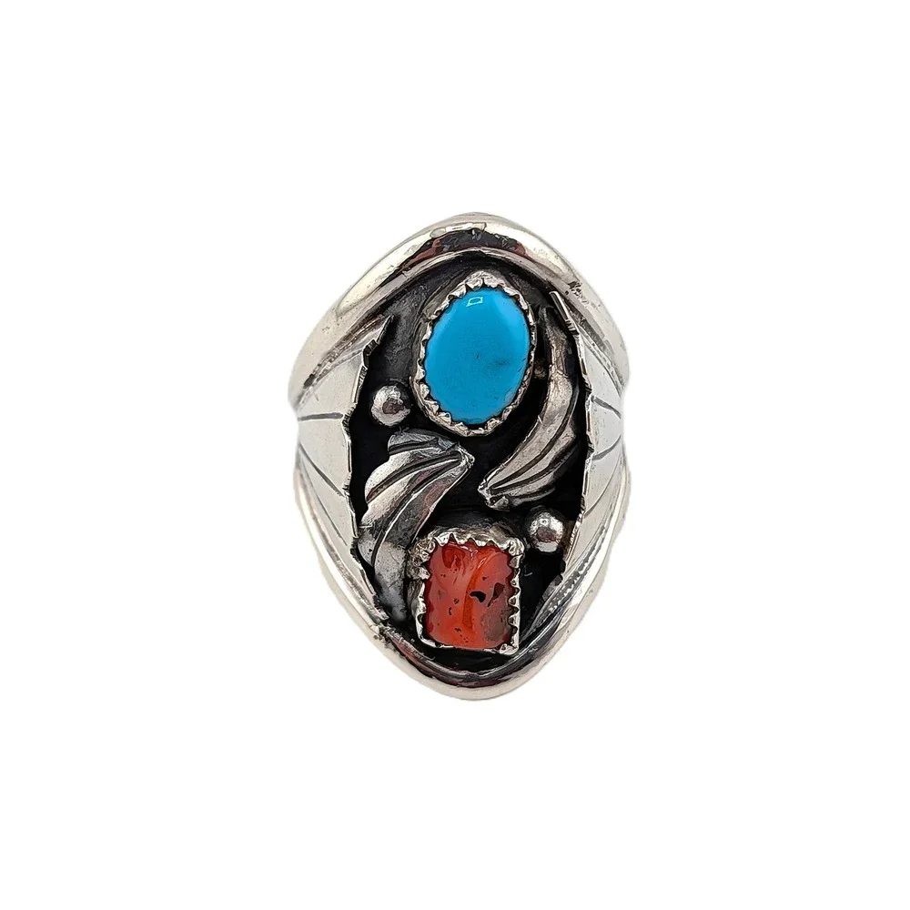 Navajo Men's Ring Sterling Turquoise Coral by J. Begay 9.75 Southwest Artisan***